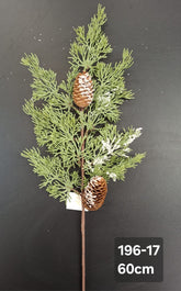 Crenguță artificială de Crăciun cu conuri și frunze verzi de brad, 60 cm, set 10 bucăți